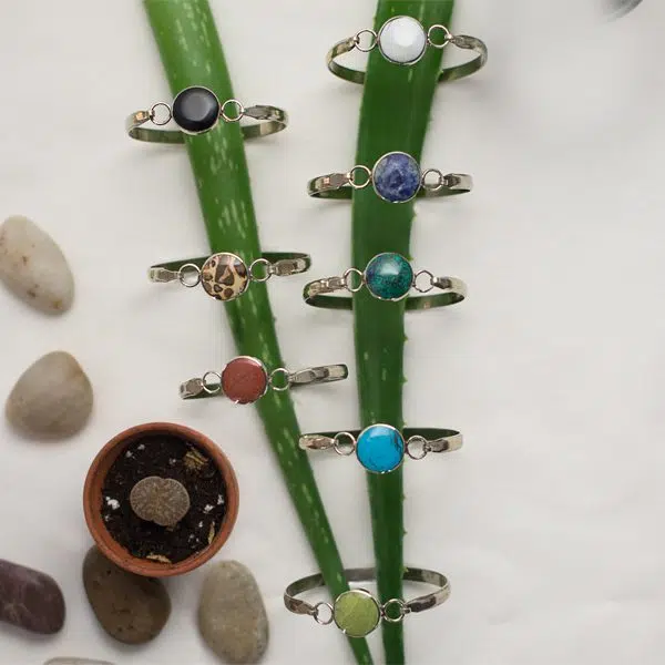 The semi precious top latch bracelet on some greenery, showing the beautiful colors that they come in, those colors are, white, black, blue, tan, turquoise, red, light blue, green.