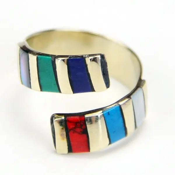 A close up of the striped ring, showing off the the semi precious stones.