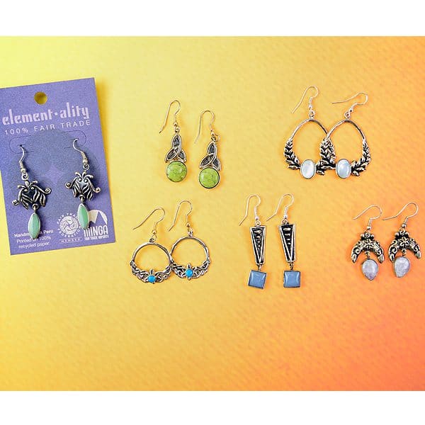 A picture of a bunch of different styles and colors, the colors that these earrings come in are turquoise, green, white, blue, and purple.