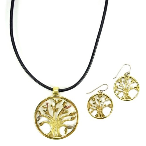 A picture of the golden vida necklace and earrings.