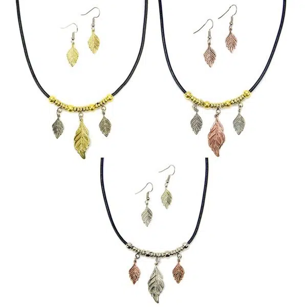 A picture of three different styles of the three leaves set, coming in the colors of, gold, silver, and bronze.