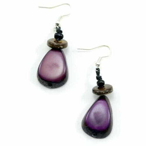A close up picture of the achira six slice earrings, comes in the color purple