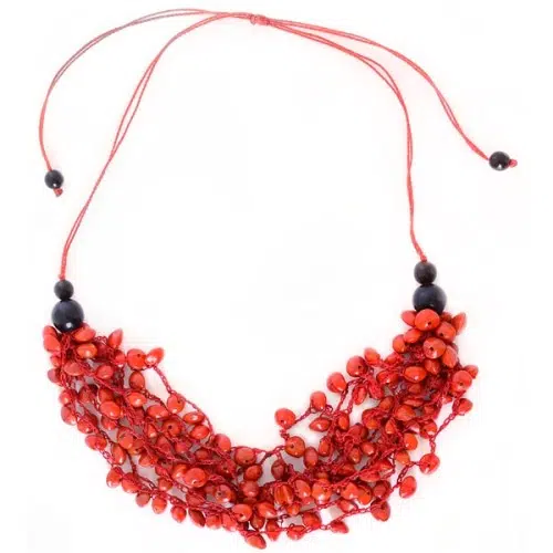 A picture of the red jungle crocheted necklace.