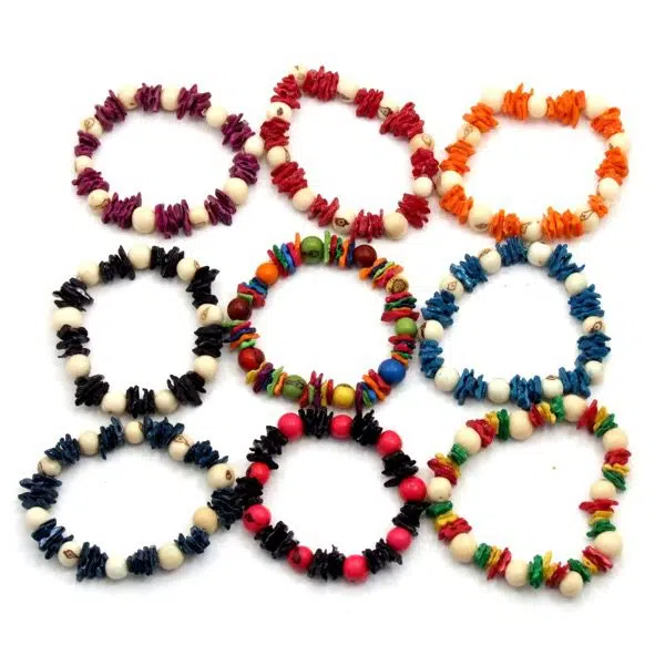 A top down picture of the beach bracelet, coming in a verity of colors, those colors are, purple, red, orange, black, multi, blue, and dark blue.