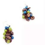 A picture of the tempest earrings, coming in bright colors, and made from coconut and acai seeds.