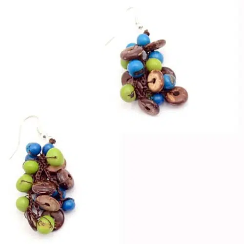 A picture of the tempest earrings, coming in bright colors, and made from coconut and acai seeds.