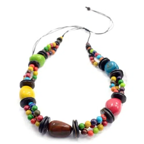 A necklace made out of fun dyed acai, pambil, and coconut. to make this bright and multi colored necklace.