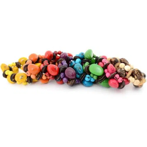 A picture of all the different colors that the verano bracelets can come in, the colors are, yellow, orange, red, purple, turquoise, green, pink, and white.