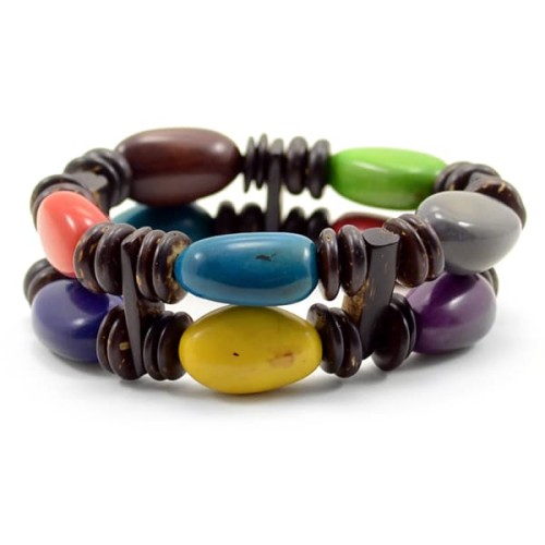 A bracelet that is multi colored, made from bisola seeds and coconuts.