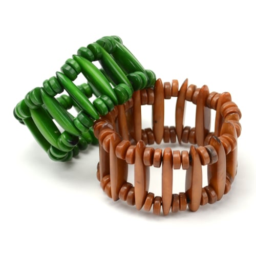 A picture of two ladder bracelets, one is colored green the other is brown.