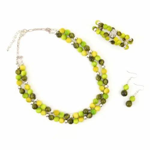 A picture of the green peapod set, showing the necklace, bracelet, and earrings.
