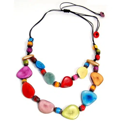 A bright and colorful bracelet made from tagua.