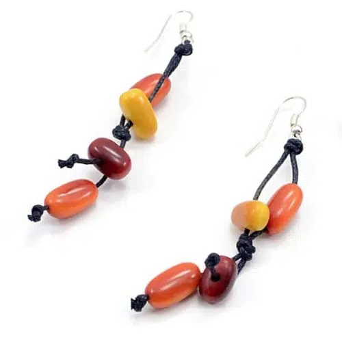 A dyed tagua beads, that come in a verity of tones, those tones are spring/summer and fall/winter, the colors of these earrings are orange, red and yellow.