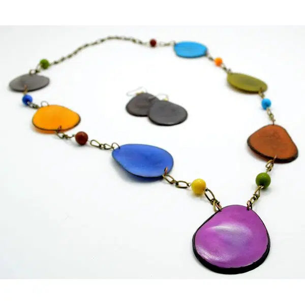 The fettered set, made with tagua slices on a bronze toned chain.