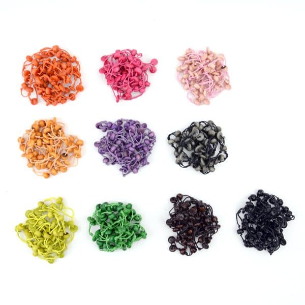 A picture of the double strand necklaces coming in the colors of, orange, pink, light pink, light orange, purple, grey, yellow, green, dark purple, and black.