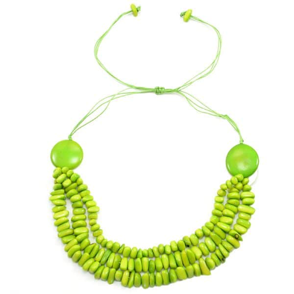 A picture of a bright green tagua necklace.