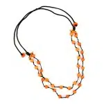 A picture of a daub necklace, made out of tagua pearls and comes in a verity of colors, the color in this picture is orange.