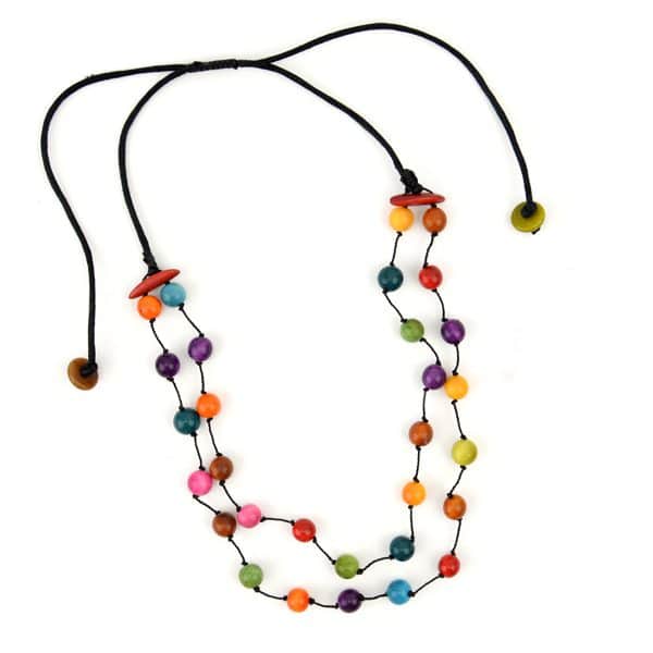A picture of a daub necklace, made out of tagua pearls and comes in a verity of colors, the color in this picture is multi.