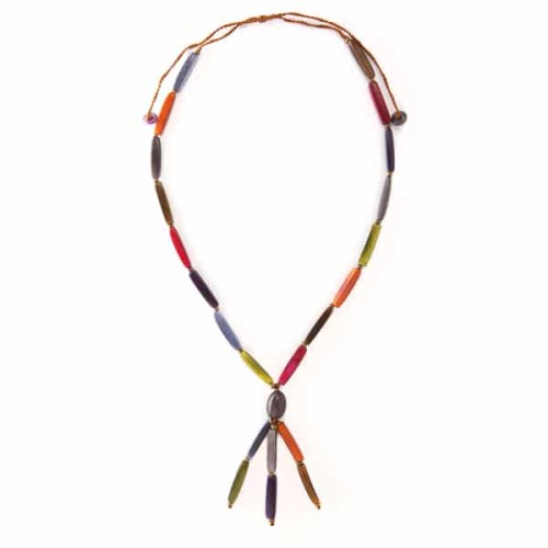 A necklace made from dyed tagua beads.
