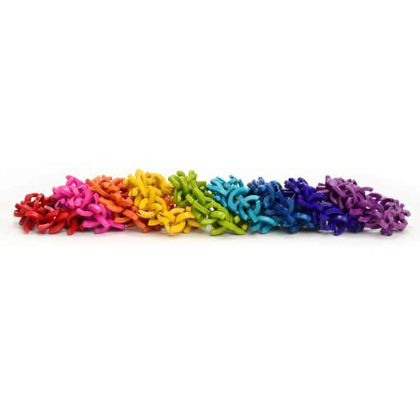Showing the wide verity of colors that the festival bracelet can come in, those colors are, red, pink, orange, yellow, green, turquoise, blue, dark blue, and purple.