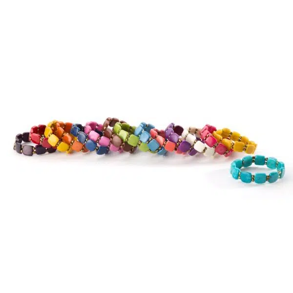 square beads in saturated colors, this is the tile bracelet, comes in a verity of colors, those colors are, purple, red, yellow, orange, blue, pink, magenta, green, light blue, peach, purple, white, and brown.