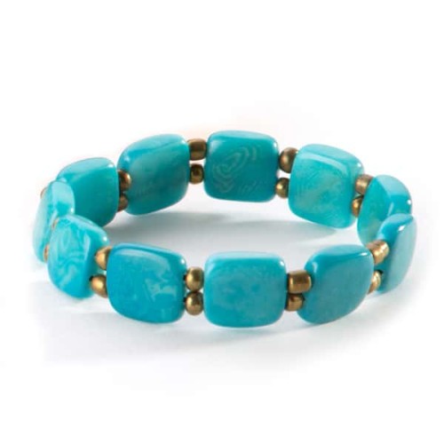 A close up picture of the tile bracelet in the light blue.