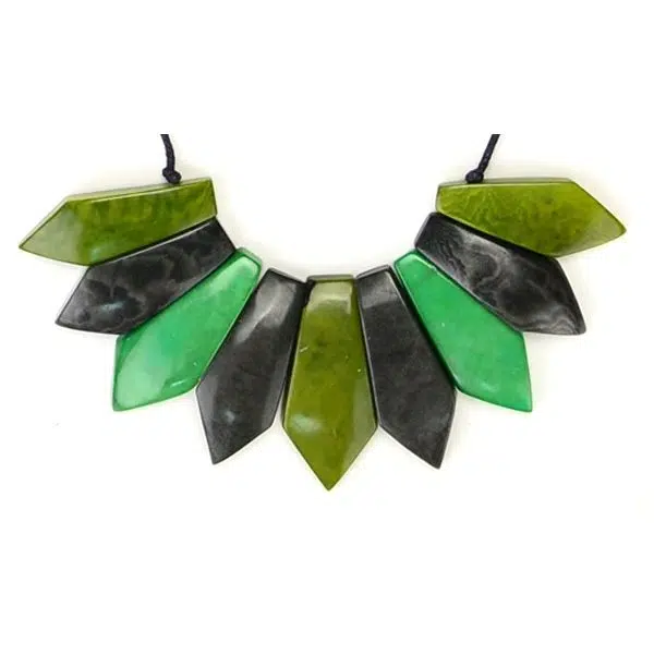 A picture of the pluma necklace, made from some cut dyed geometric pieces.