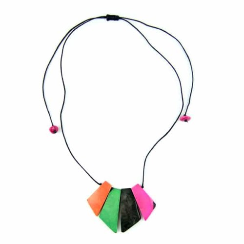 A picture of a brightly colored necklace, that made from tagua.