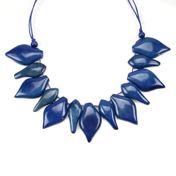 A close up picture of the blue botany necklace.