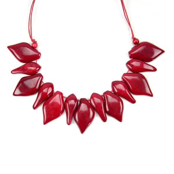 A close up picture of the red botany necklace.