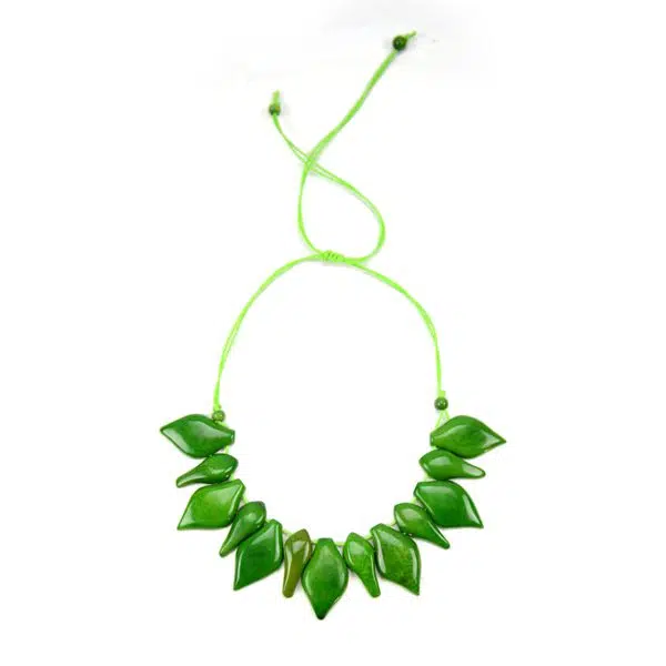 A close up picture of the green botany necklace.