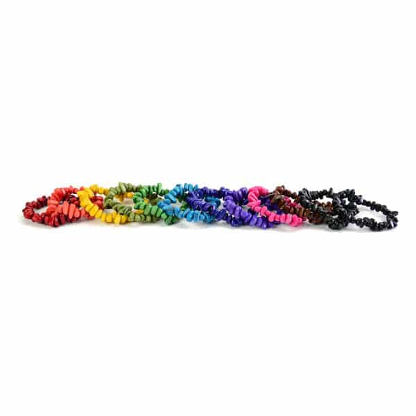 A picture of all the different winter colors that the rock stretch bracelet can come in. red, orange, yellow, green, lime, turquoise, blue, purple, pink, brown, black.