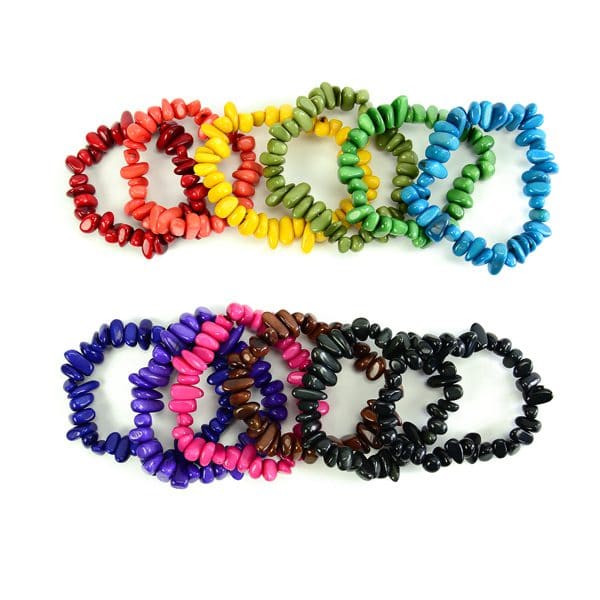 A picture of all the different winter colors that the rock stretch bracelet can come in. red, orange, yellow, green, lime, turquoise, blue, purple, pink, brown, black.