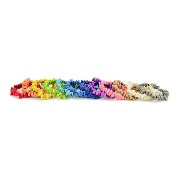 A picture of all the different summer colors that the rock stretch bracelet can come in. red, peach, yellow, lime, turquoise, light blue, blue, purple, pink, tan, white, grey