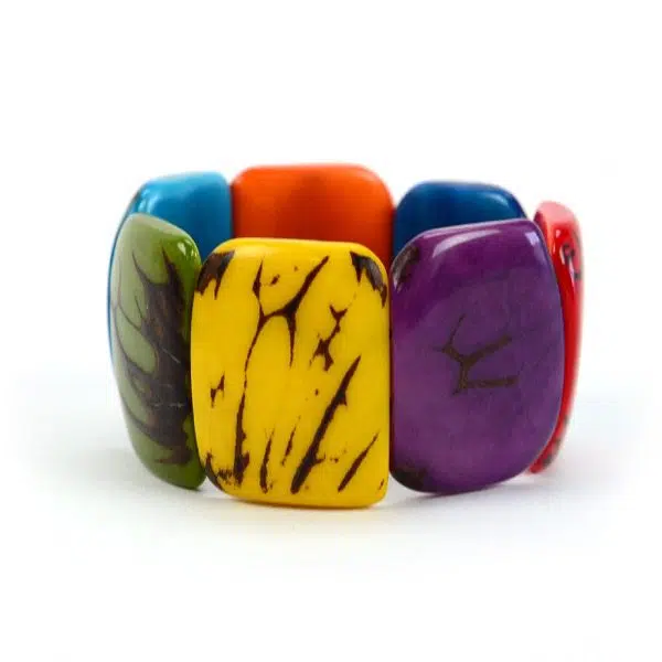 A close up picture of the worn plaque bracelet, comes in a verity of colors, this color is multi.