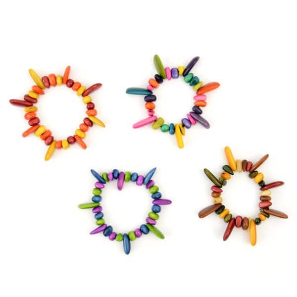 Confetti Bracelet can come in a verity of colors, this picture has the colors, red and yellow, multi, purple and blue, and yellow and green;