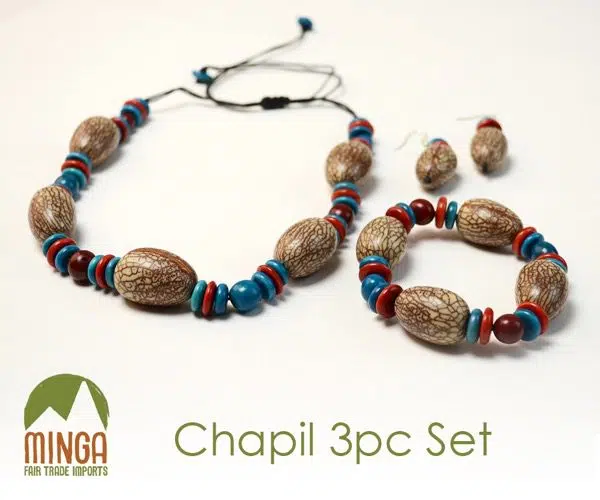 A picture of the chapil 3pc set, made from chapil seeds and dyed tagua disks.