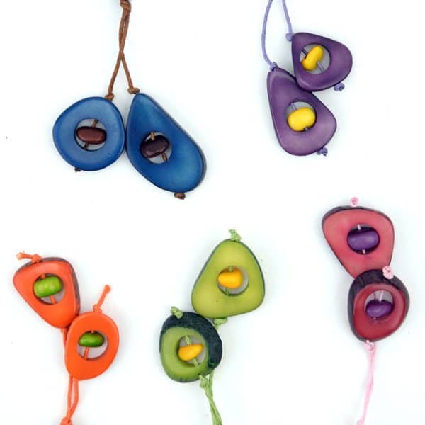 A picture of five different colors of the thick slice and chip necklace, the colors are, blue, purple, orange, green, and pink.