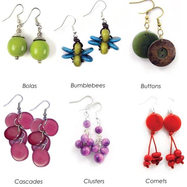 A verity of different tagua earrings, there styles are called, bolas, bumblebees, buttons, cascades, clusters, and comets.