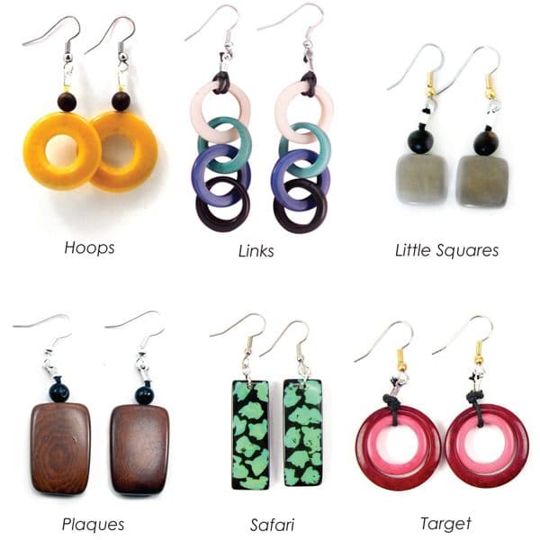 A picture of a bunch of different tagua earrings, those styles are called, hoops, links, little squares, plaques, safari, and target.