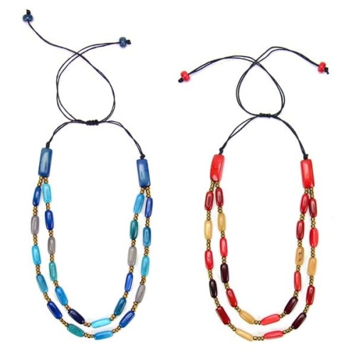 A picture of the two red and blue necklace.