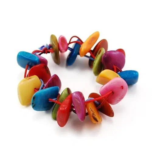 A colorful bracelet made from organic tagua beads.