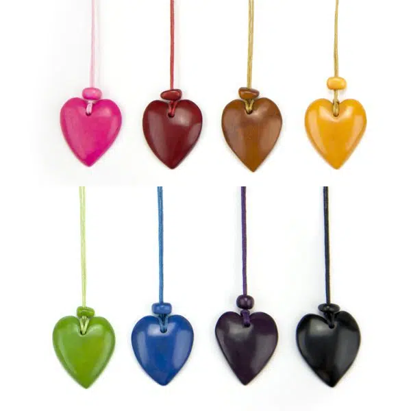 A picture of all the different heart necklace, the colors that are in this picture are, pink, red, brown, yellow, green, blue, purple, and black.