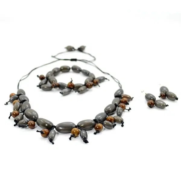 A picture of the salsa set, comes with a necklace, bracelet, and earrings, coming in the color grey.