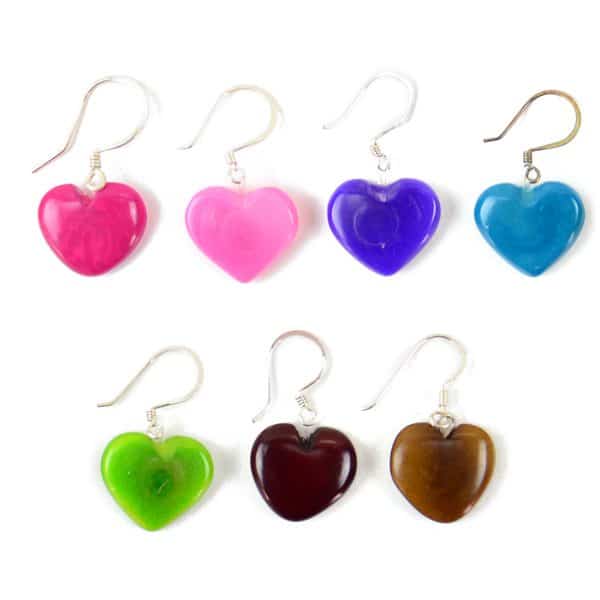 7 different colors for the heart earrings, those colors are, pink, light pink, purple, blue, green, dark brown, brown.