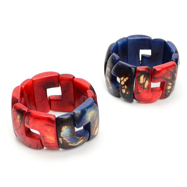 the link bracelet, is made from L shaped tagua beads, and it comes in a verity of bright colors, this color is blue and red.