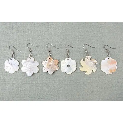 A picture of six different designs and colors that the mother of pearl earrings come in.