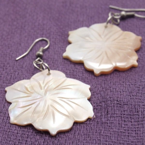 A close up picture of the mother of pearl earrings that come in twelve different designs and sizes.