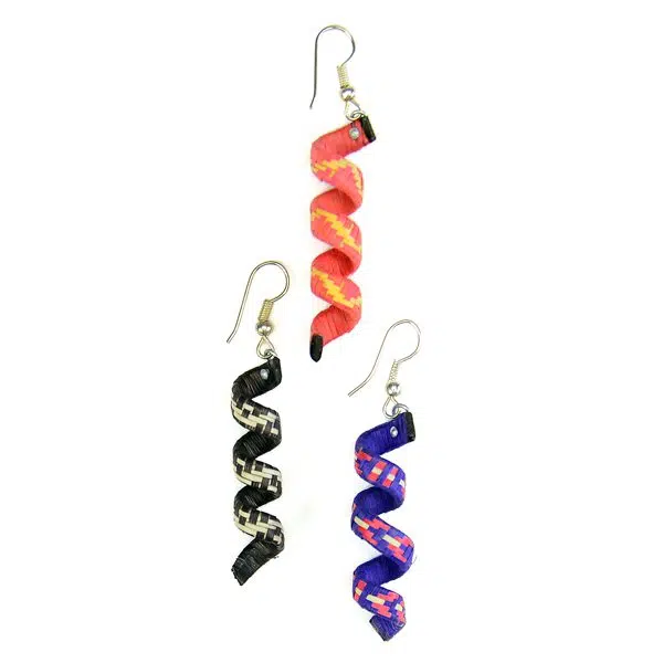 A picture of three different woven earrings comes in a verity of colors, the colors in this picture are pink, black, and blue.