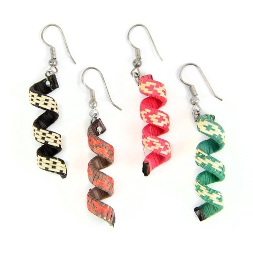 A picture of four different woven earrings, the different colors are, black, brown, pink, and green.